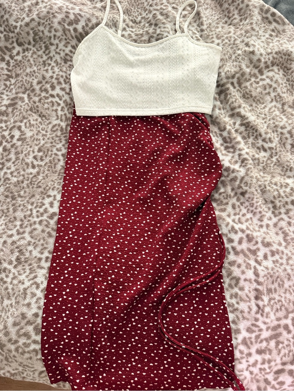 Red Heart-Print Midi Skirt with White Waistband